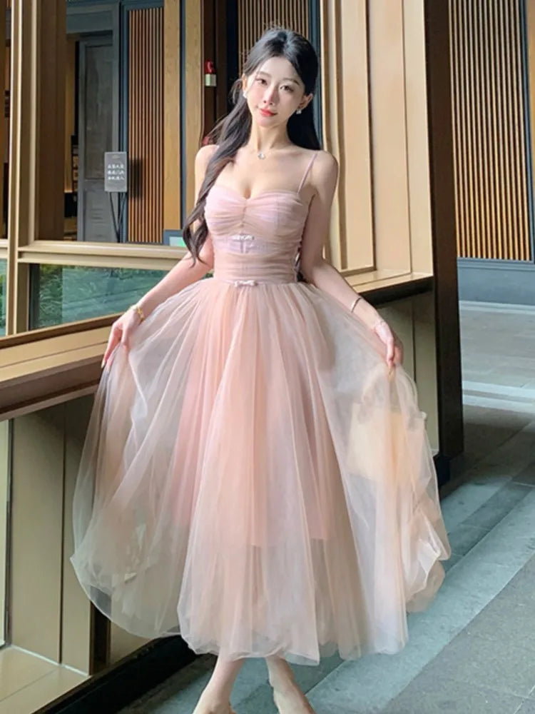 Sweet Printcess Midi Dress for Spaghetti Strap Fairy Birthday Party Dress Summer Ball Gown Korean Female Vestidos