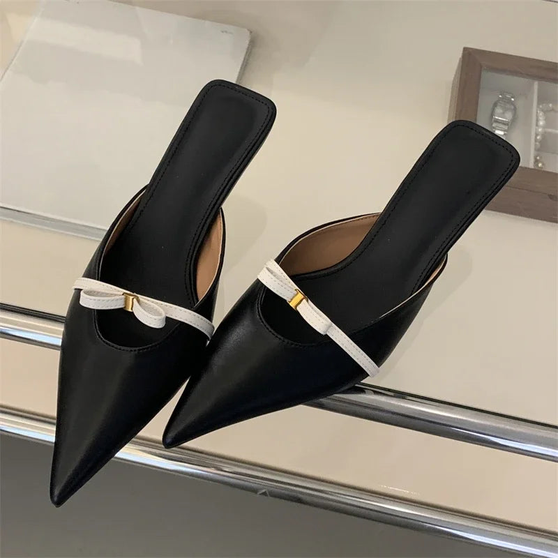 Spring Design Style Butterflyknot Woman Slippers Low Thin Heels Pointed Toe Shallow Mules Shoes