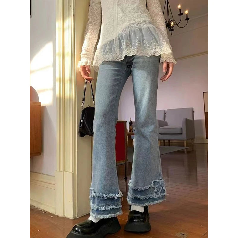 Y2k 2000s Flare Jeans Japanese Bow Patchwork Denim Pants Summer Korean High Waist Slim Straight Trousers New