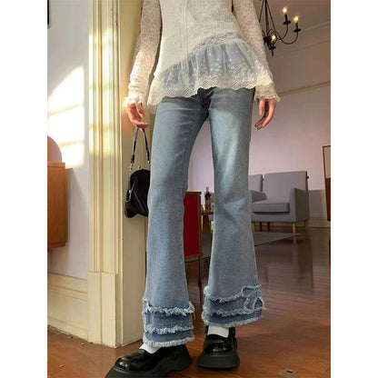Y2k 2000s Flare Jeans Japanese Bow Patchwork Denim Pants Summer Korean High Waist Slim Straight Trousers New