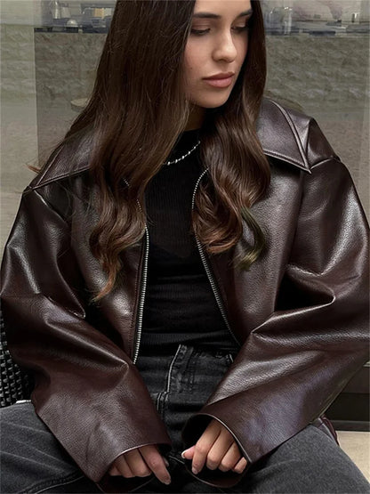 High Street Loose Female Pu Coat Zipper Slim High Waist Long Sleeve Patchwork Clothes Autumn Outwear