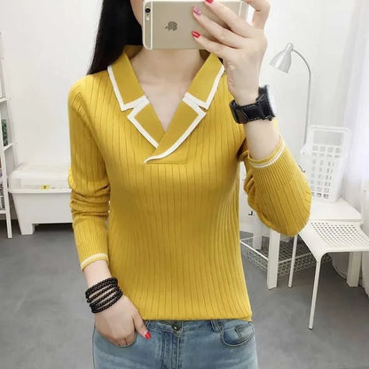 Autumn Winter Style Knitted Pullover Tops Lady V-neck Knitted Pullover Sweater Df4922
