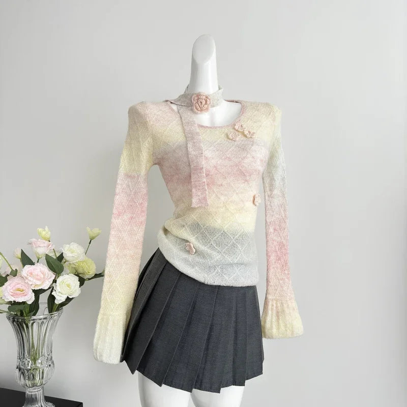 Sweet Hot Girl Gradient Slim Fit Sweater for Spring and Autumn Flower Oneck Knitted Pullover Female Clothes