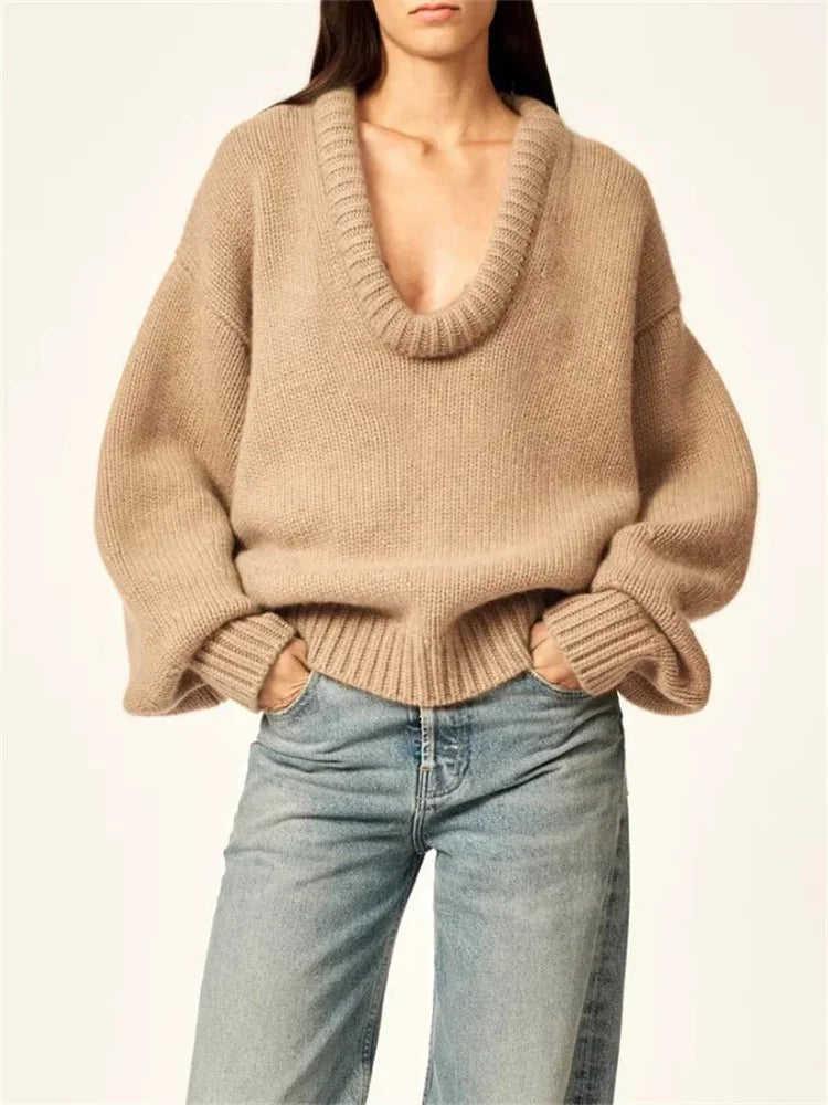 Autumn Knit Sweater Pullover Loose Female Patchwork Scoop Neck Striped Long Sleeve Knitwear Y2k Top Pullover