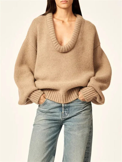 Autumn Knit Sweater Pullover Loose Female Patchwork Scoop Neck Striped Long Sleeve Knitwear Y2k Top Pullover