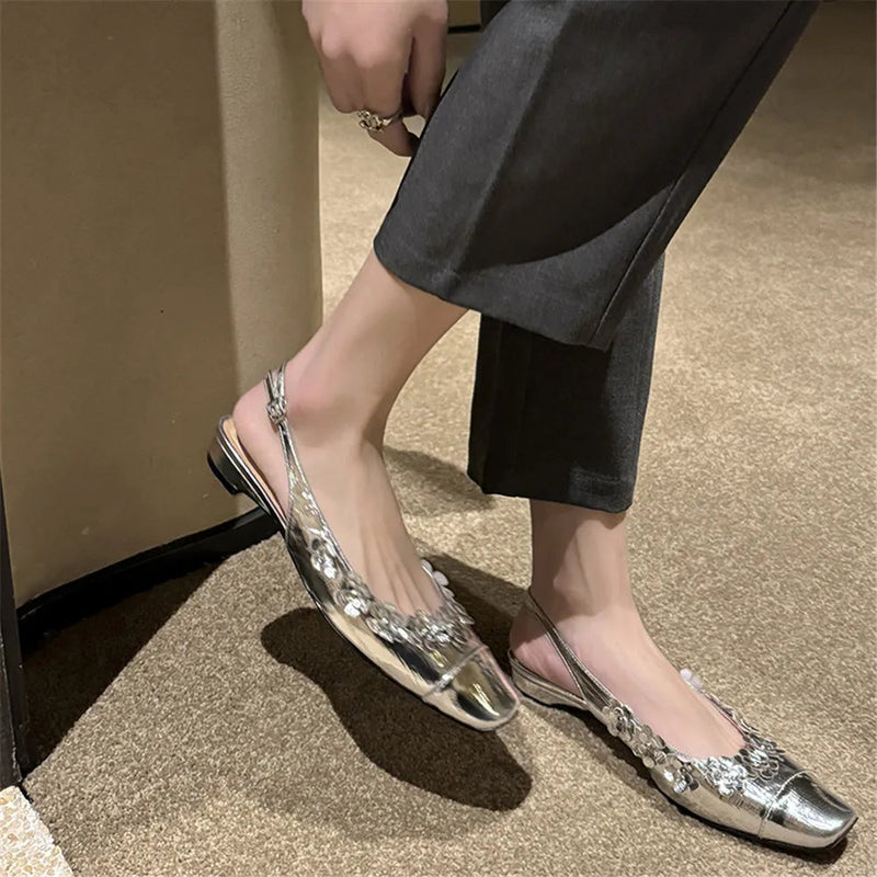 New Genuine Leather Pumps Flowers Decoration Party Wedding Shoes Woman Slingbacks Summer Sandals Pumps