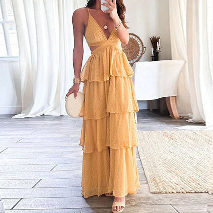 Deep V Neck High Waist Party Dress Hollow Out Backless Chiffon Cake Dress Lady Temperament Holiday Sling Long Dress