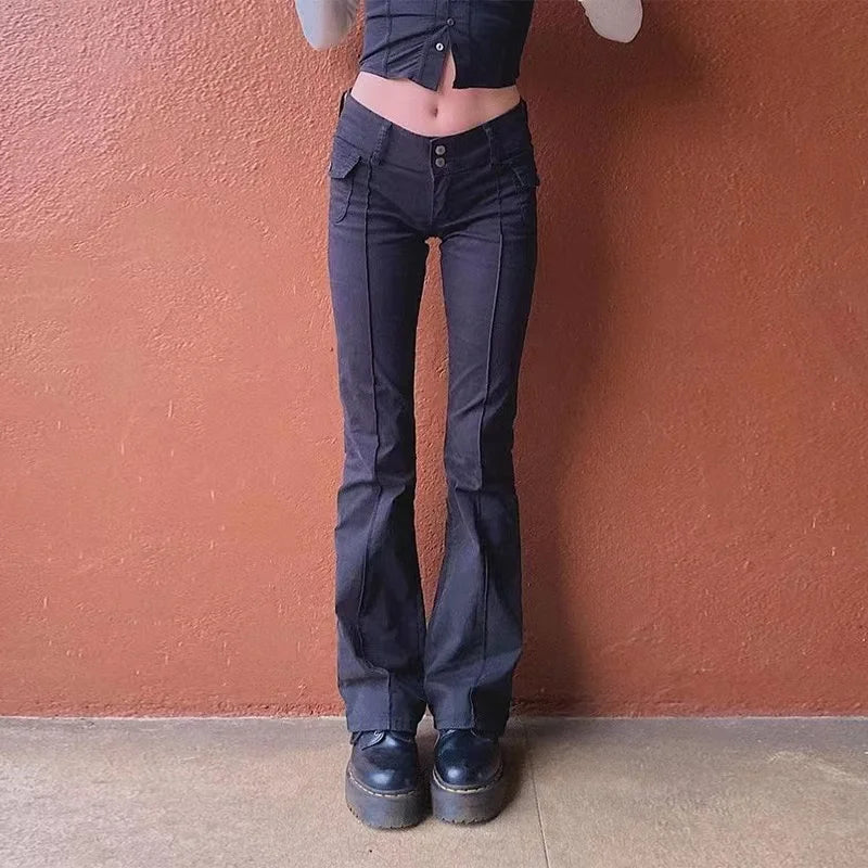 Y2k Brown Flared Jeans Color Pocket Kawaii Trousers Low Waist Aesthetic Jogging Pants Basics