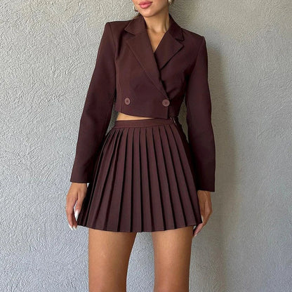 Commuter Lady Lapel Short Blazer Suit Sets Spring Double Breasted Top+pleated Shorts Skirt Outfit Autumn Twopiece