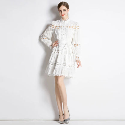 Stand Collar Single Breasted Dresses New Spring Hollow Out Embroidery Lace Trims White Mini Dress