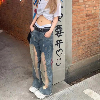 High Street Hollow Mesh Patchwork Jeans Summer New High Waist Distressed Washed Denim Wide Leg Pants
