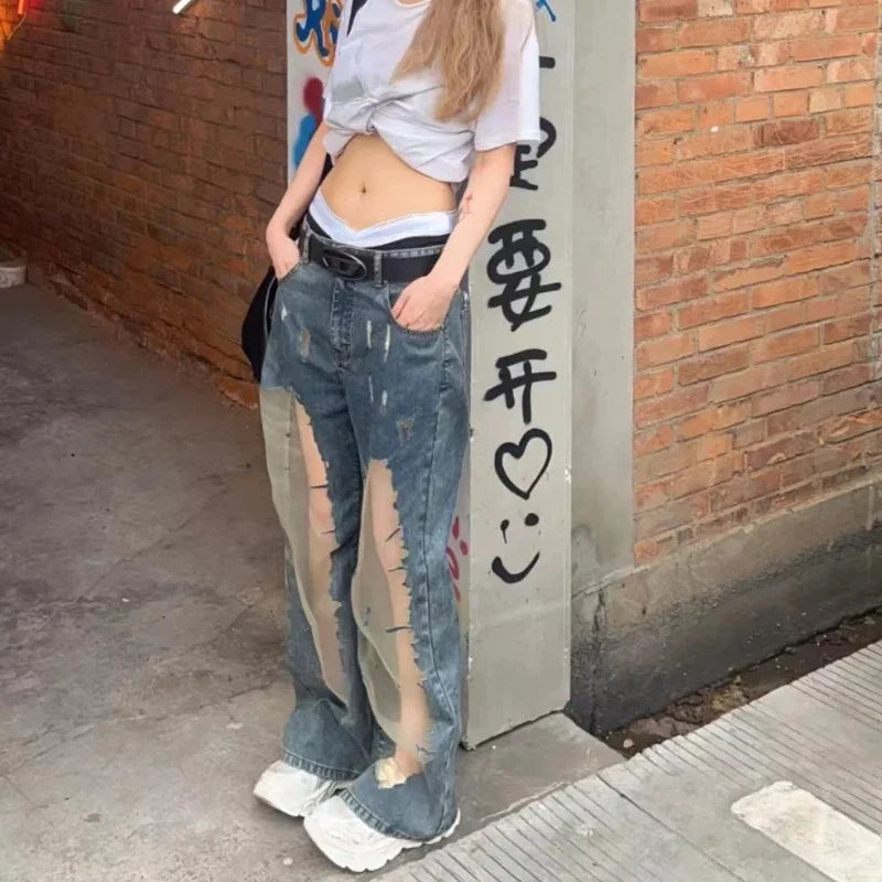 High Street Hollow Mesh Patchwork Jeans Summer New High Waist Distressed Washed Denim Wide Leg Pants
