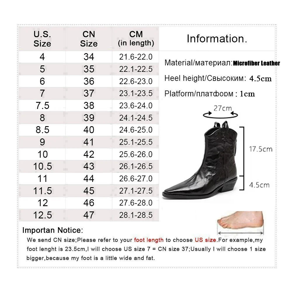 New Pointed Toe Back Zipper Ankle Boots Thick High Heels Shoes Boots Cowboy Western Boots Botas De Mujer