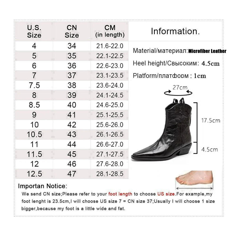 New Pointed Toe Back Zipper Ankle Boots Thick High Heels Shoes Boots Cowboy Western Boots Botas De Mujer