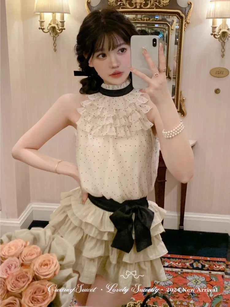 Y2k Polka Dot Two-piece Set Chiffon Halter Sleeveless Top Ruffles A-line Cake Mini Skirt Summer New Korean Outfits
