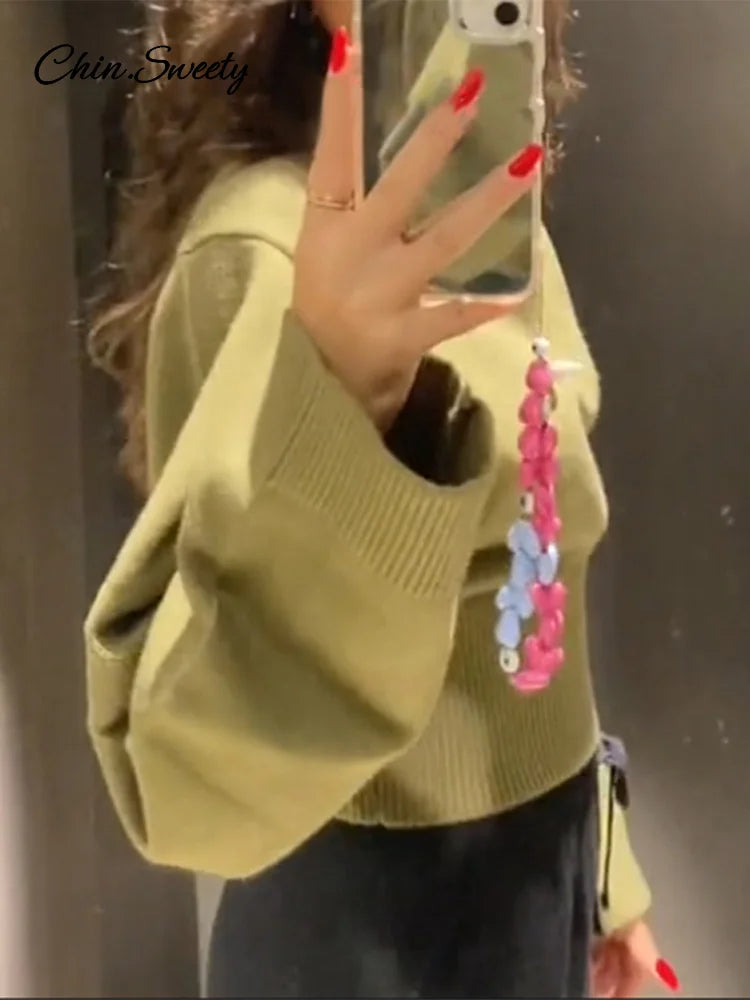 O-neck Cropped Sweater Pullover for Long Sleeved Loose Jumper Female Spring Lady High