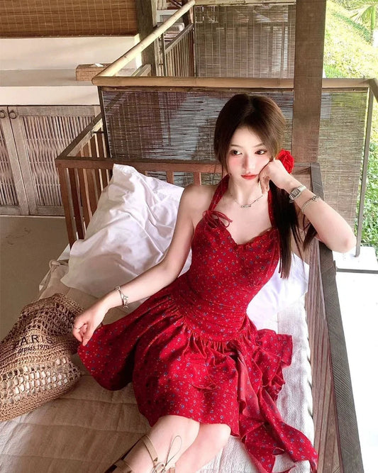 Woman Dresses Printed Sleeveless Halter Irregular Ruffles Bow Bandage Backless Mini Dress Sweet Party
