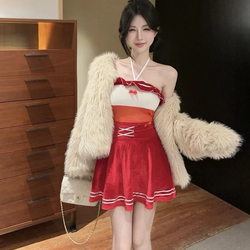 Mini Dresses Bow Bandage Slim Ruffles Sleeveless Halter Backless Clubwear Sweet Party
