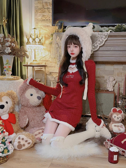 Winter Christmas Knitted Dress Patchwork Kawaii Y2k Sweater Mini Dress Female Dress