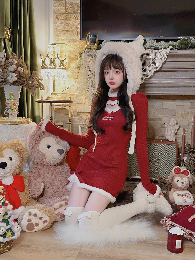 Winter Christmas Knitted Dress Patchwork Kawaii Y2k Sweater Mini Dress Female Dress