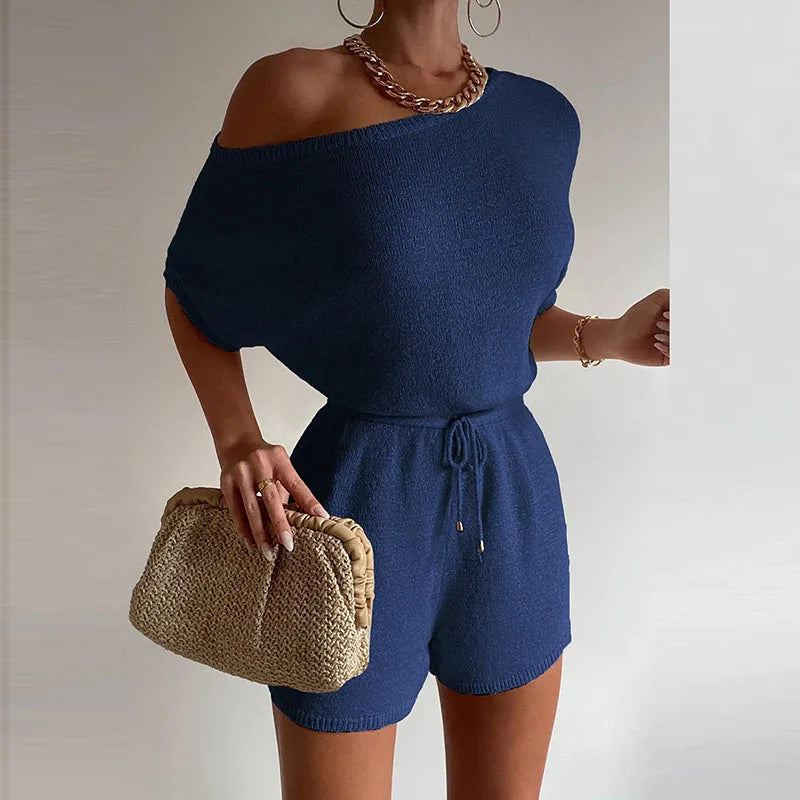 New Spring Tieup Shorts Jumpsuit Off Shoulder Slim Knitted Romper Playsuit Summer Short Sleeve Hollow Overalls