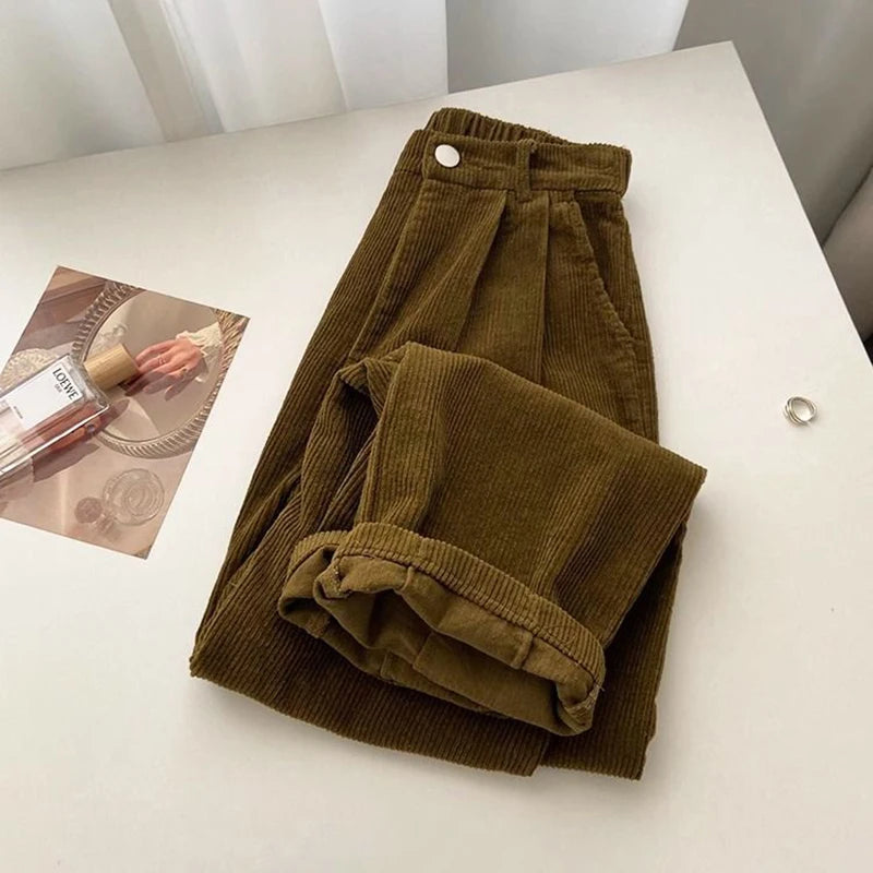 Retro High Waist Corduroy Pants Spring Fall Straight Causal Full Length Trousers Korean Baggy All Match Black Pant