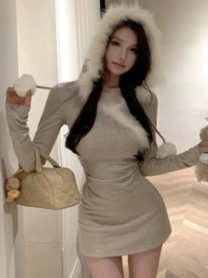 Y2k Sweet Outfits Party Dresses Woman Patchwork Long Sleeve Bodycon Hooded Mini Dress Autumn Korean Vestidos