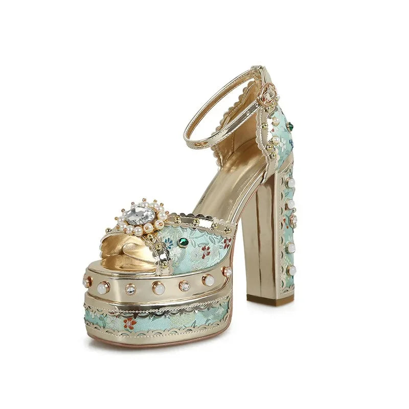 European and American Thick High Heels, Thick Soles, Pure Handmade Diamond Inlaid Sandals, Nightclub Runway Shoes