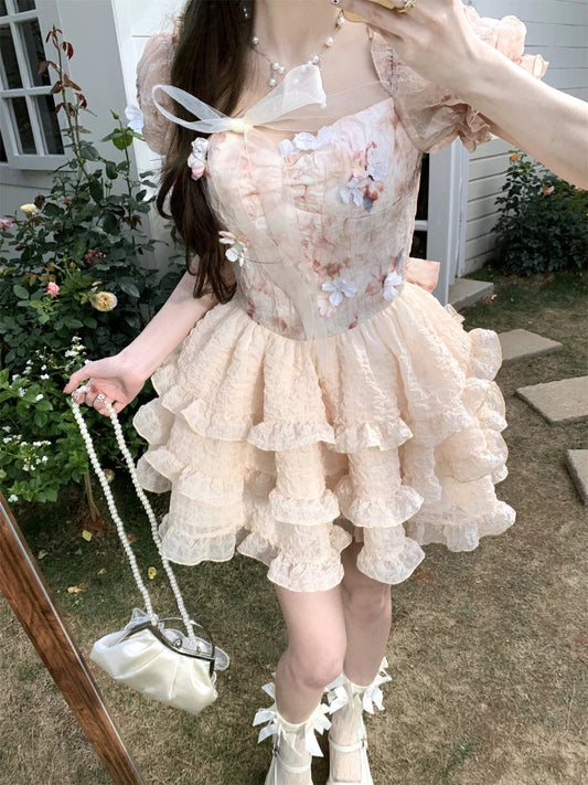 Lolita Kawaii Sweet Mini Dress Retro Lace Party Dress Summer Japanese Style One Piece Dress