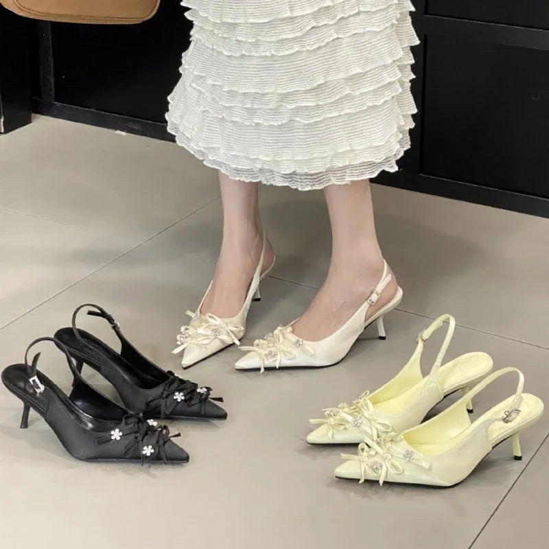 Designer Pointed Toe Thin High Heels Butterflyknot Slingback Sandals Female Party Dress Shoes Pumps