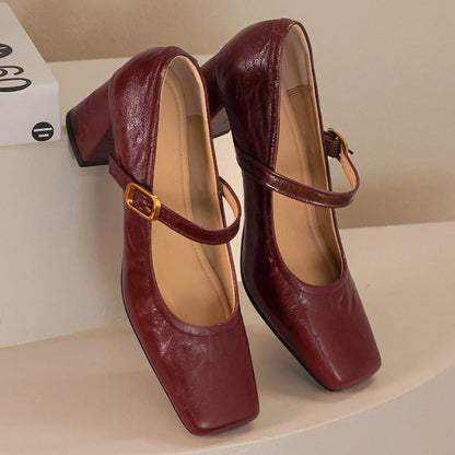 Sheepskin Square Toe Slipon Very Jane Pumps 6.5cm Thick High Heel Evening Dress Heeled Shoes for Woman