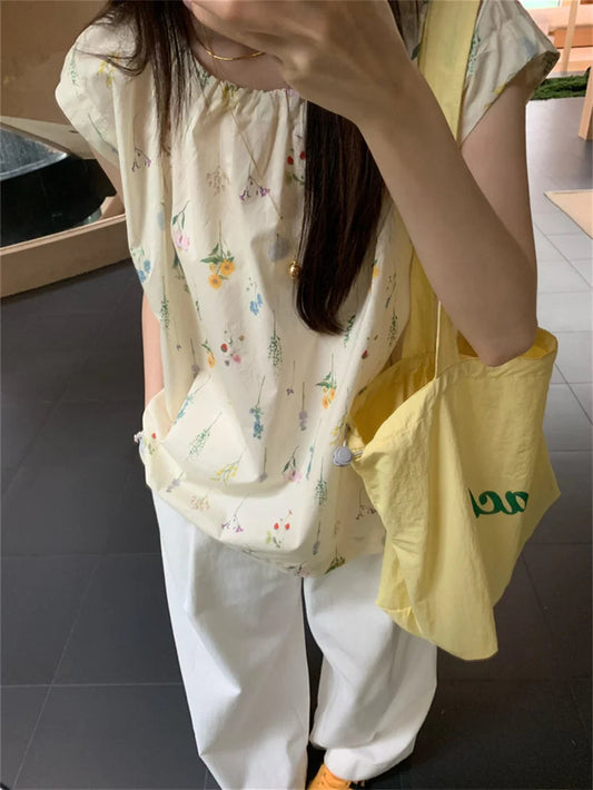 Flowers Sweet Blouses Cotton Printed Vacation Gentle Slim New Office Lady Summer Blusas