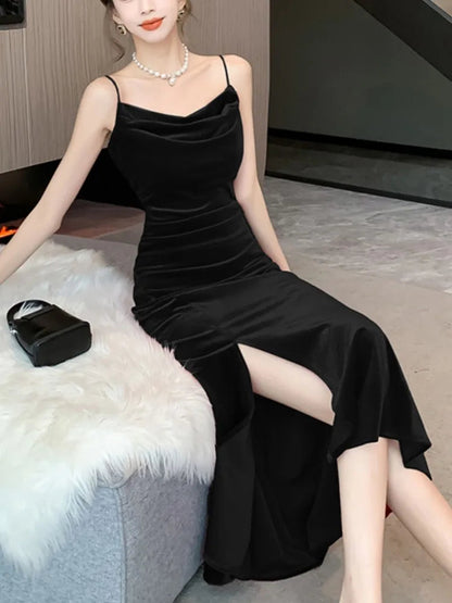 Split Velvet Midi Dresses Summer French Spaghetti Strap Wedding Party Female Clothing