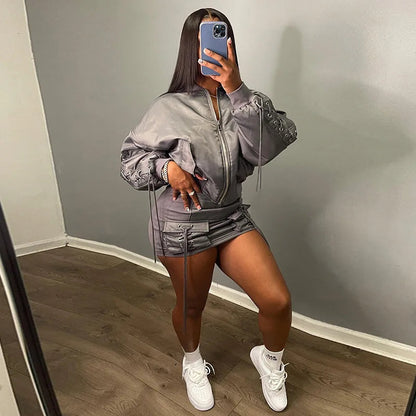 Bandage Skirts Suit for Zipper Slim Lace Up Cardigan Femme Mini Skirt 2 Piece Sets Outfits