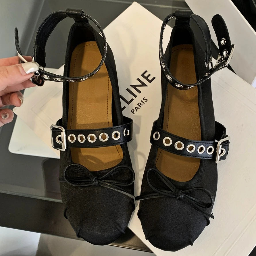 Rivet Ballerina Shoes Flat Designer Mules Shoes Fashions Round Toe Skeleton Ballet Shoes Metal Decoration Mary Jane Pumps