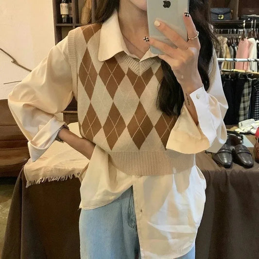 V-neck Plaid Sweater Vest Autumn Winter Knit Sweaters Pullover Loose Korean Knitwear Tops Pull Femme