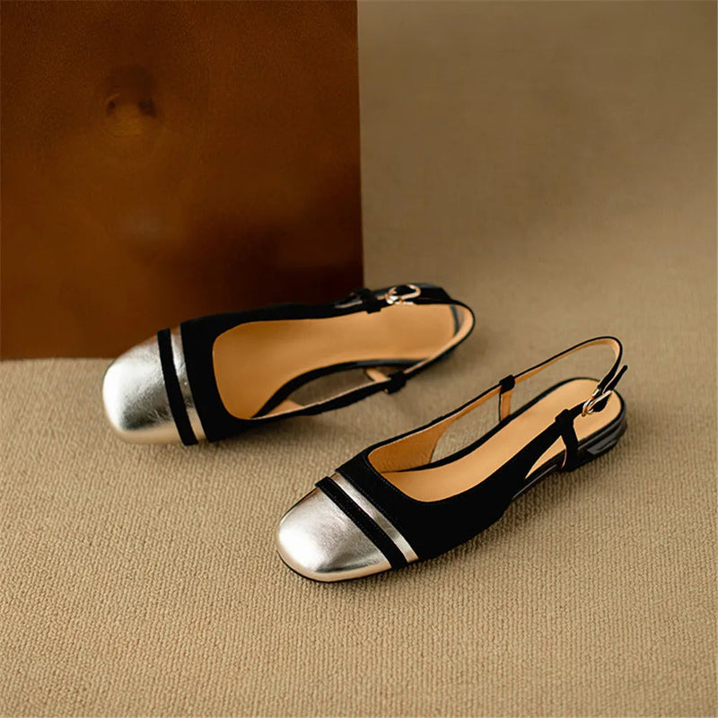 Classic Design Cow Leather Flats Shoes Slingbacks Summer Comfort Shoes Woman Round Toe Flats Shoes