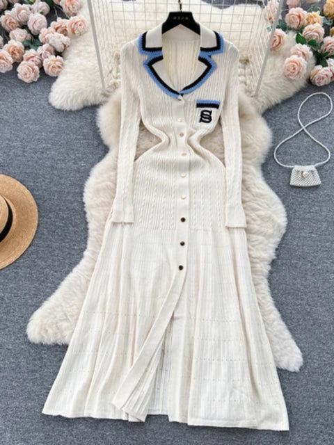 Knitted Dress Spring Autumn Long Sleeve V-neck Bodyon Dresses Slim A-line Single Breasted Sweater Robe