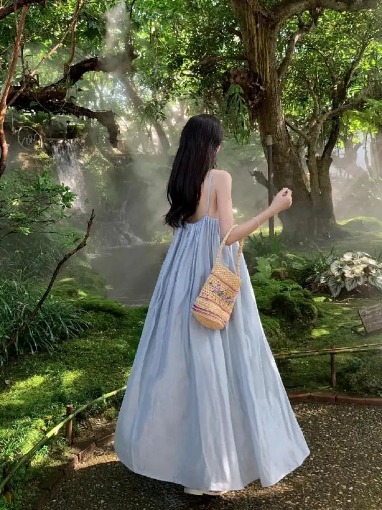 Korean Summer New Blue Club Festival Backless V Neck Long Dress Sleeveless Holiday Loose Pleated Dress Simple