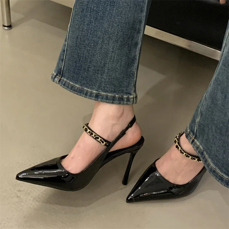 Summer Street Style Rivet Pointed Toe Pumps Sandals Buckle Strap Thin Heels Party Prom Stripper Shoes