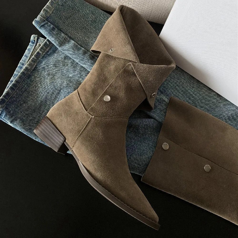 3442 Natural Suede Leather Metal Buckle Slipon Flats Autmn Knee High Boots Fold Boots Shoes
