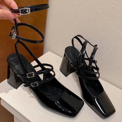 Genuine Leather Ankle Strap Sandals Square Toe 8cm Thick High Heel Summer Pumps Dress Shoes for Woman