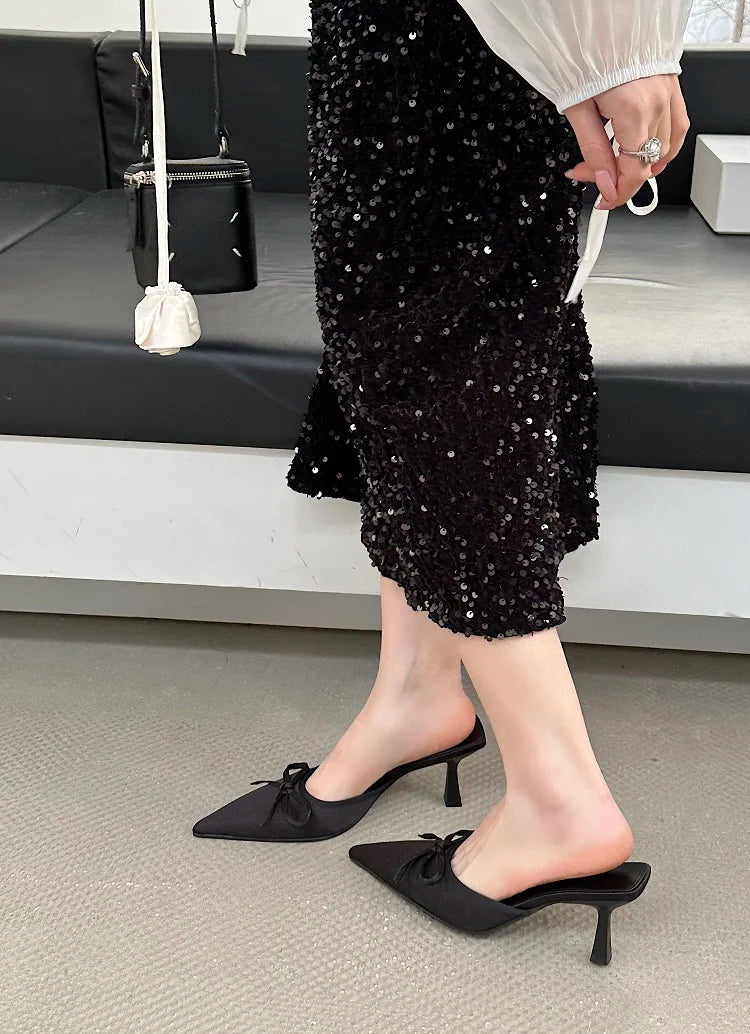Spring New Butterflyknot Slipper Pointed Toe Slip on Mules Thin Low Heel Sandal Shoes Zapatos Mujer
