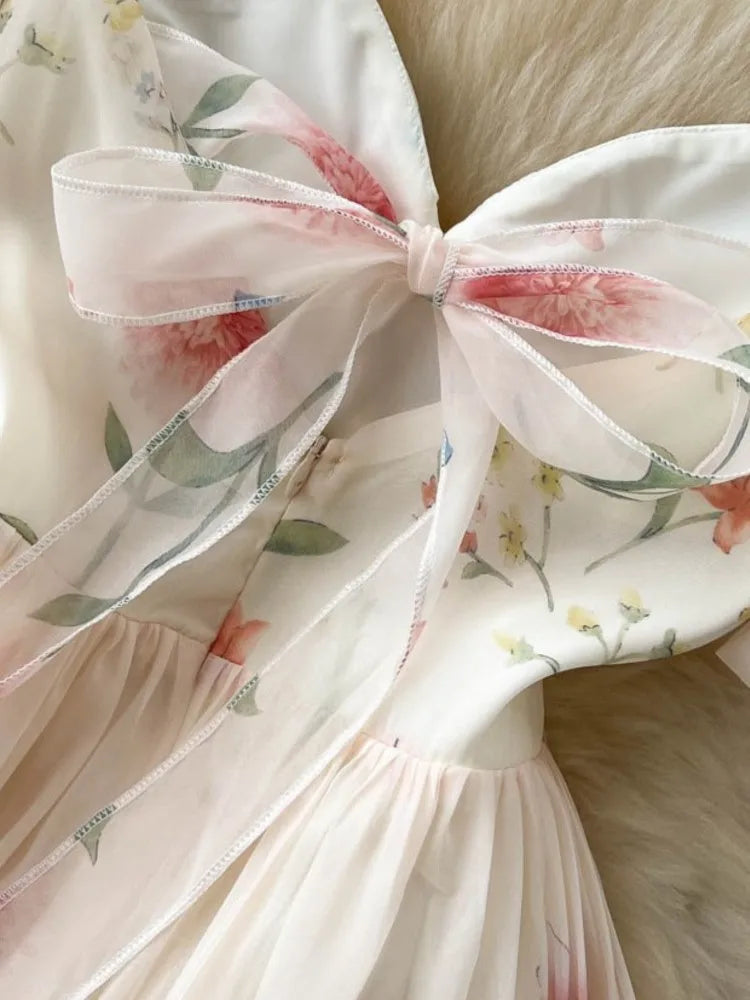 Strap Dress Summer Strapless Corset Maxi Sundress Backless Bow Sweet Print Midi Dresses
