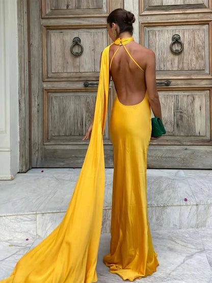 Satin Ribbon Halter Party Evening Dress Backless Off Shoulder Sleeveless Long Dresses Lady Robes