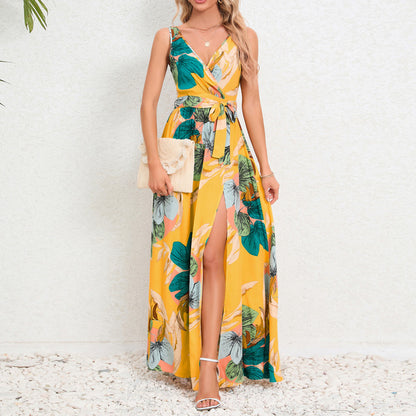 Summer Flower Print Sleeveless Long Dresses V-neck Slim Leace-up Slit Dress Female Commuting Vacation Vestido