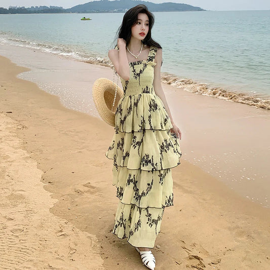 Retro Cascading Ruffles Flower Print Yellow Cake Midi Dresses New Summer Special Design Camisole Clothing Mujer