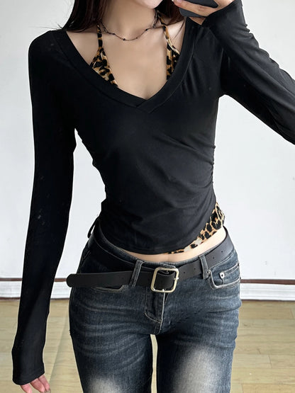 Patchwork Leopard Haled Fake Two Piece T-shirt Long Sleeve Slim Design S New Blouses & Shirt