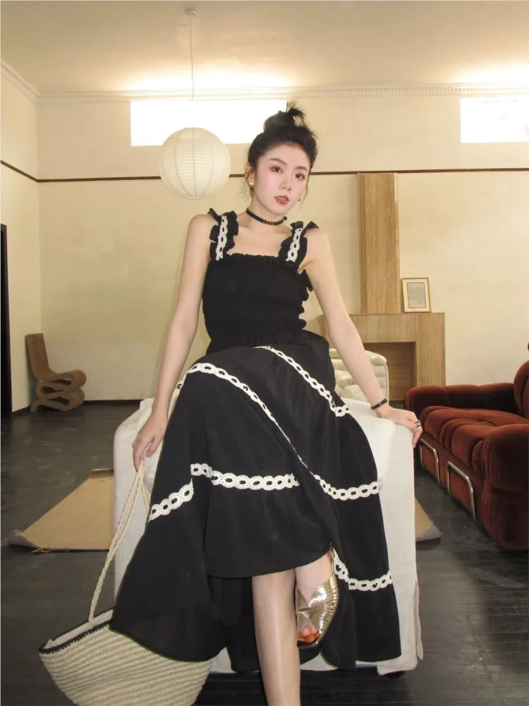 Slim Camisole Dress for Square Collar Sleeveless High Waist Hit Color Spliced Ruched Long Dress Female Party Dress