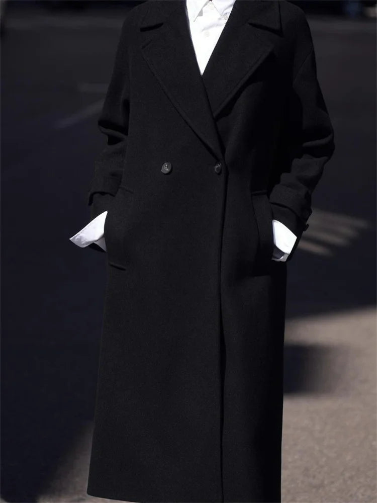 Loose ’s Overcoat Pocket Lapel High Waist Long Sleeve Winter Jacket Coat Patchwork Outwear